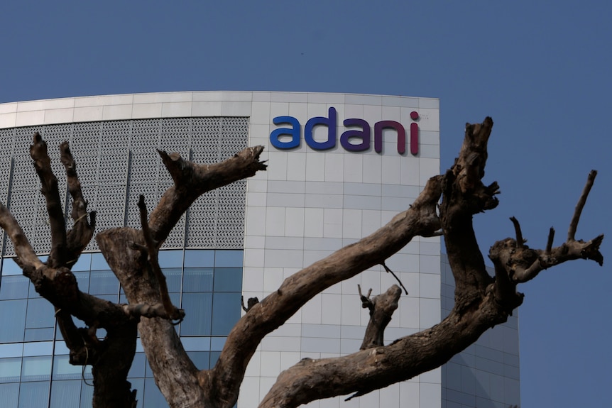 The Adani logo is seen on the side of a building through the branches of a tree. 