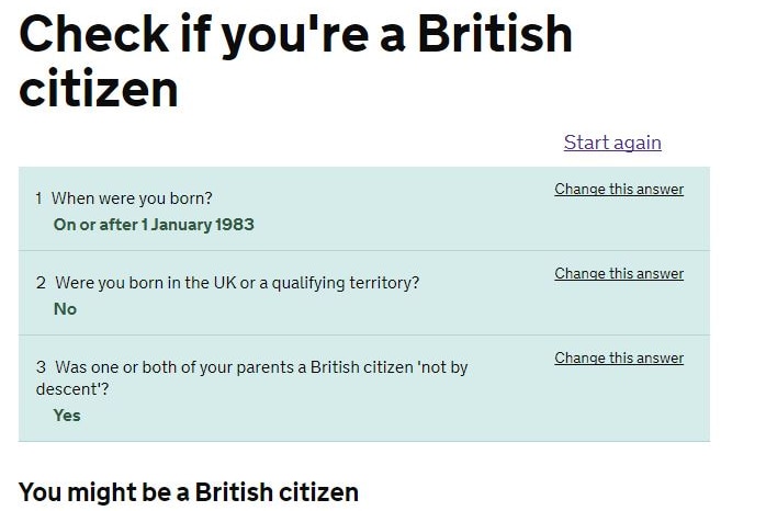 A screenshot of a government website. It tells the user she may be a British citizen on the basis of three questions.