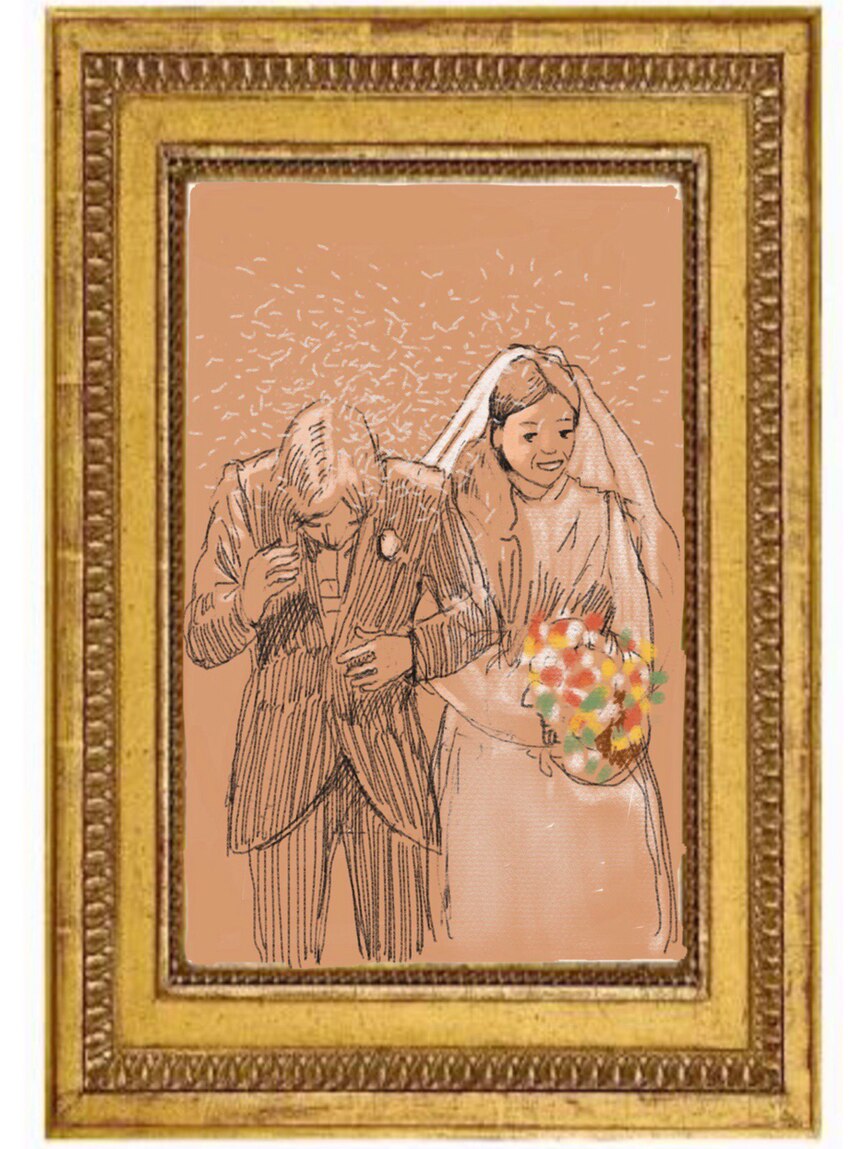 An illustration shows a bride, carrying a bouquet, with her new husband.