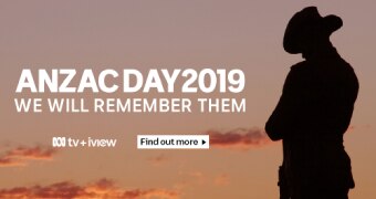 Graphic depicting statue of soldier and words commemorating Anzac Day 2019.