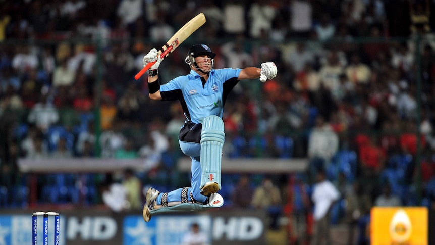 David Warner leaping in the air after scoring Twenty20 century in India for NSW