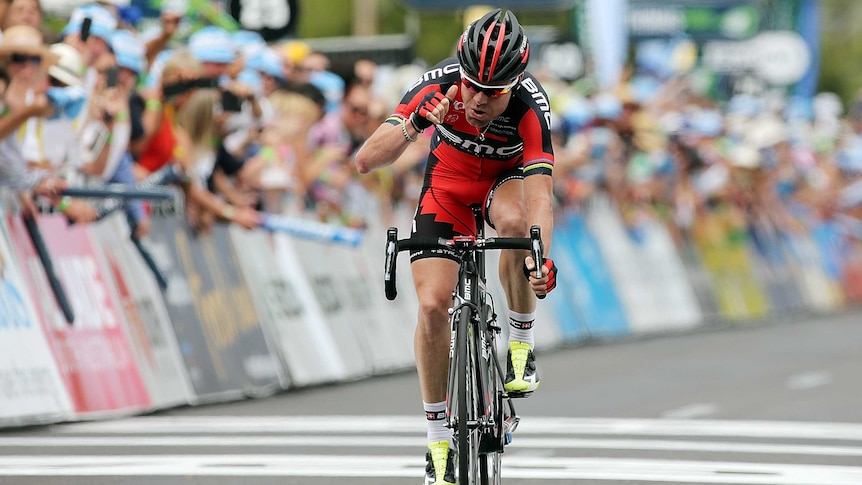 Cadel Evans of BMC celebrates after winning stage three of the Tour Down Under, on January 23, 2014.