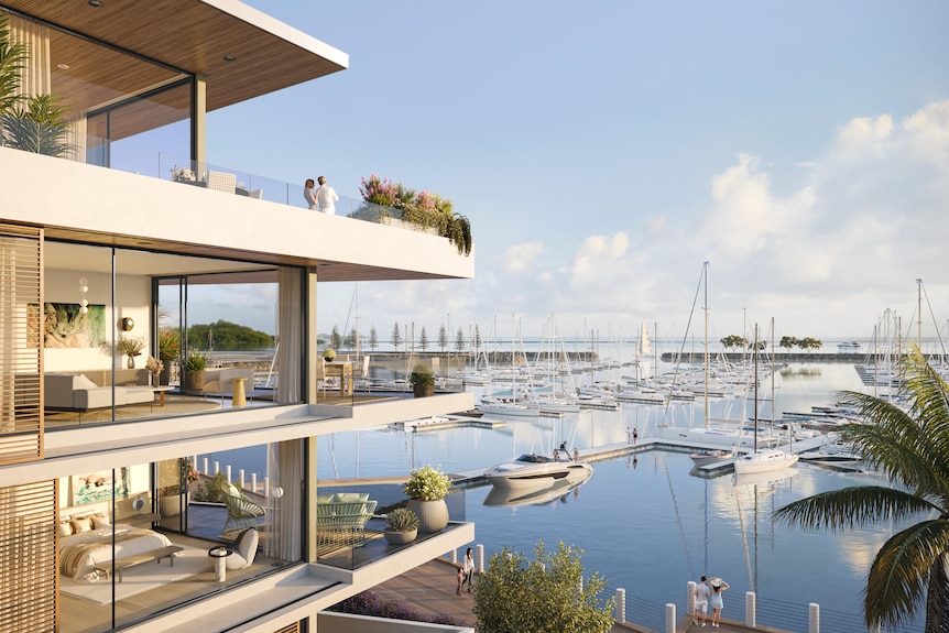 An artist's impression of a harbour development with an apartment building in the foreground.
