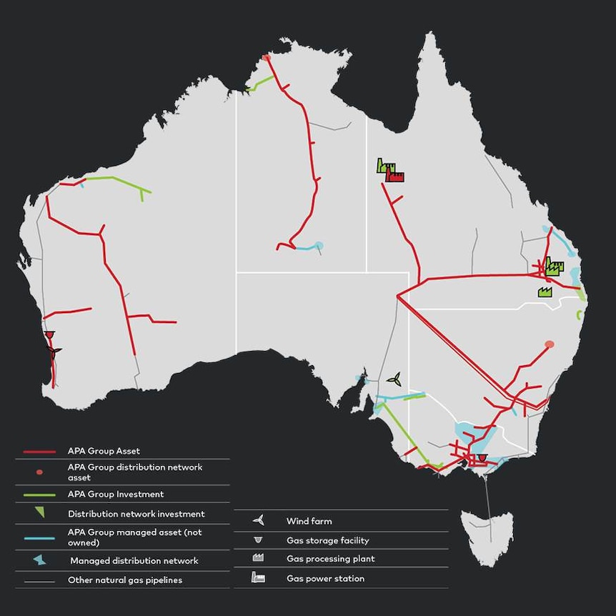 The map shows pipelines marked in red and green, as well as gas storage and processing facilities.