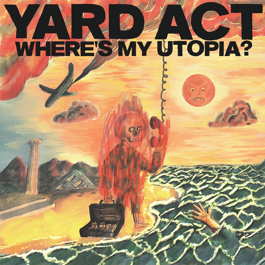 Yard Act's 2024 album Where's My Utopia? artwork: illustration of a fiery skeleton standing on a beach among apocalyptic imagery