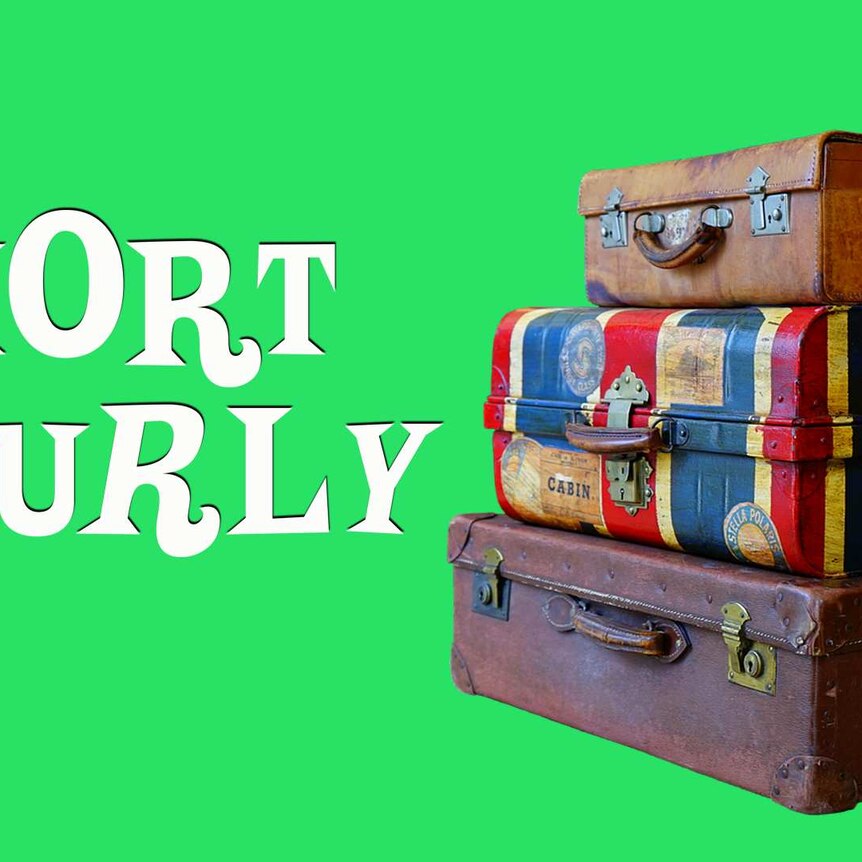 suitcases stacked against a green background