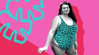 Ally Garrett pictured in swimwear against a backdrop of bright colours, for a story about feeling good enough.