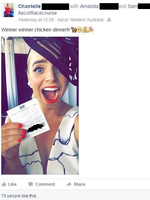 Melbourne Cup punter Chantelle holds up her winning betting slip in a Facebook selfie.