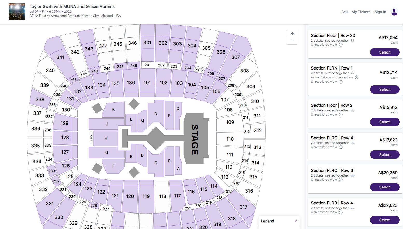 A stadium map in purple and ticket prices on the right hand side