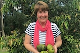 Helen Andrew holding black sapote fruit that Spare Harvest helped sell.