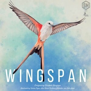 The box for the board game Wingspan with a beautiful illustrated bird in flight