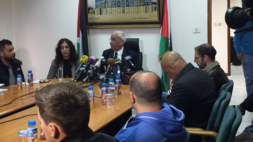 Palestinian negotiator Saeb Erekat at a press conference in response to Donald Trump's statements.
