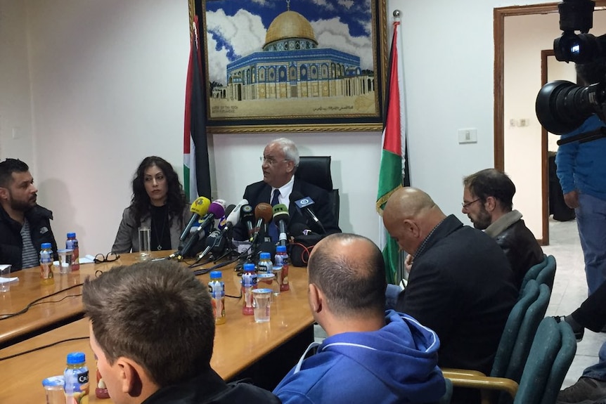 Palestinian negotiator Saeb Erekat at a press conference in response to Donald Trump's statements.