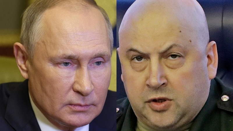 A composite image of President Vladimir Putin and General Sergei Surovikin.