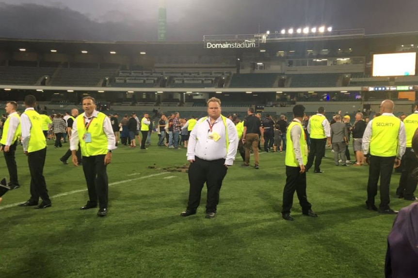 Security guards and fans on the pitch at Domain Stadium.