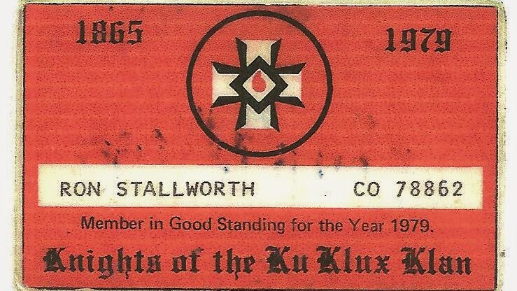 A red card showing Ron Stallworth as a member of the KKK for the year 1979.