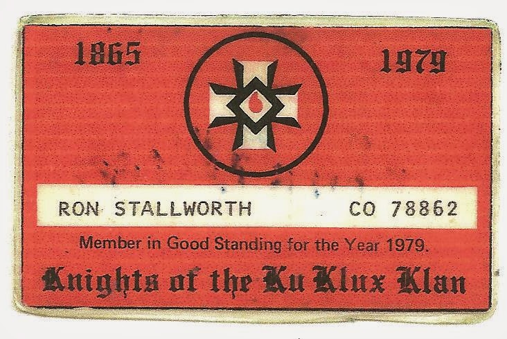 A red card showing Ron Stallworth as a member of the KKK for the year 1979.