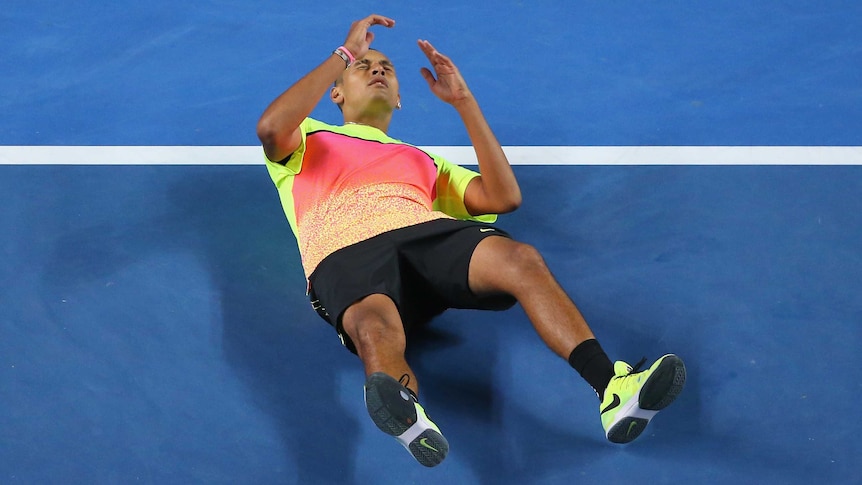 Kyrgios collapses the floor after beating Seppi