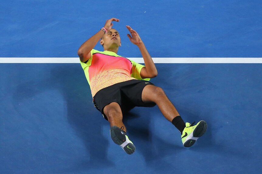 Kyrgios collapses the floor after beating Seppi