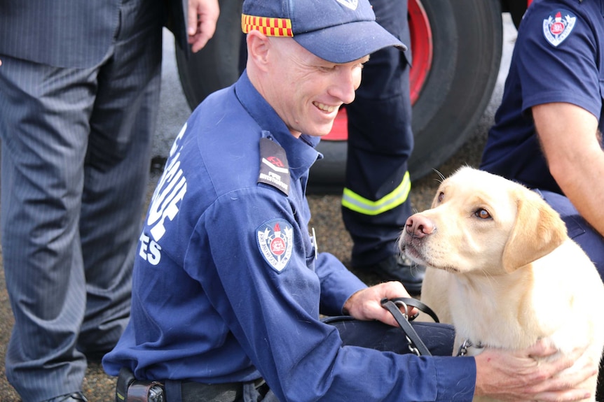 A Fire and Rescue NSW accelerant dog with its handler