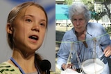 A split image showing a teenager, the activist Greta Thunberg, and an elderly scientist named Penelope Greenslade.