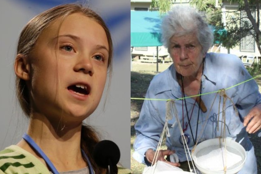 A split image showing a teenager, the activist Greta Thunberg, and an elderly scientist named Penelope Greenslade.