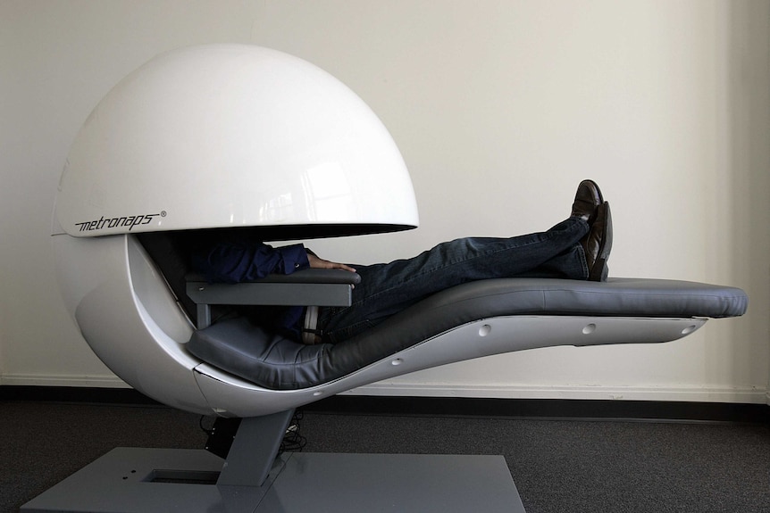 A prototype sleeping 'pod' with a retractable shield that covers the upper body