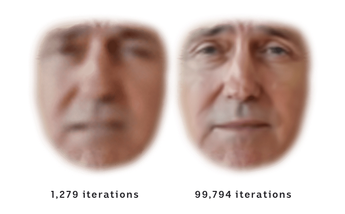 An early blurry example of the machine learning attempting to create Malcolm Turnbull's face, and a later clearer version.