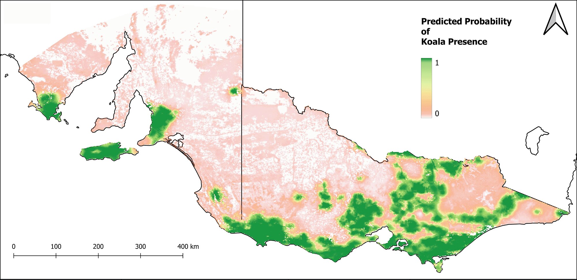 A map which shows the predicted probability of where koalas are located in Victoria and South Australia.