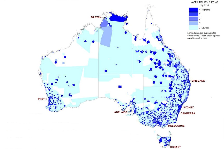 Map showing fixed broadband availability by exchange service area