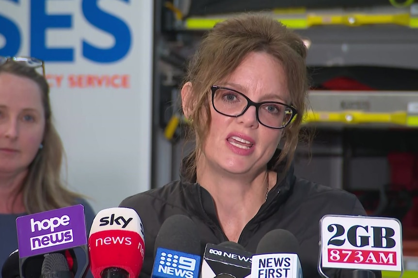 A bespectacled woman with long hair speaks to the media.