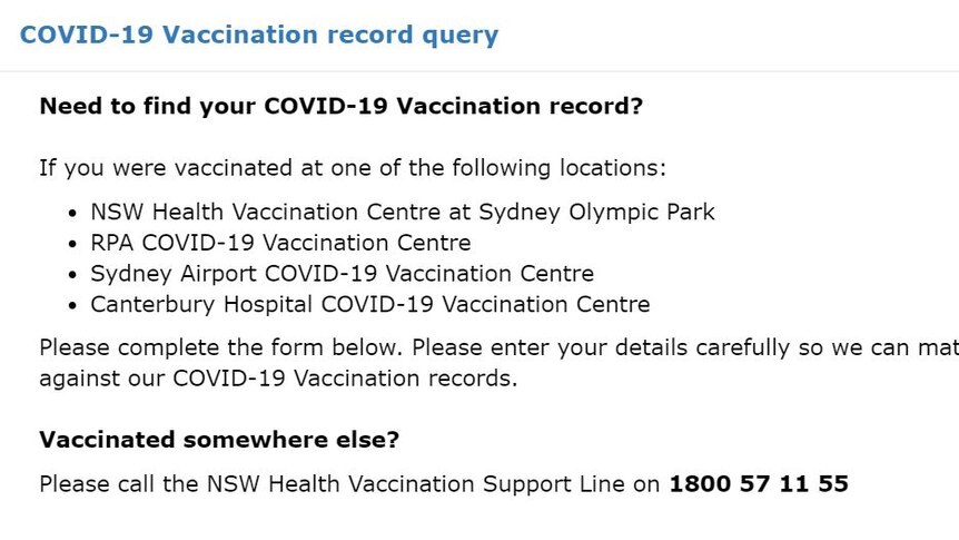 A screenshot from NSW Health's website about lost records