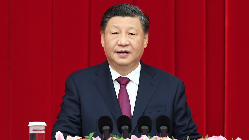 Close up of Xi Jinping seated with microphones and flowers in front of him.