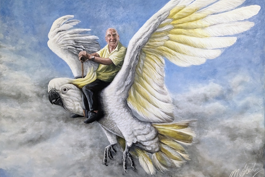 Peter is painted smiling, riding the cockatoo through a splendid blue sky full of beautiful clouds.
