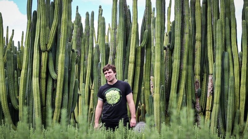 A man in a black t-shirt poses for a photo in front of masses of tall cacti