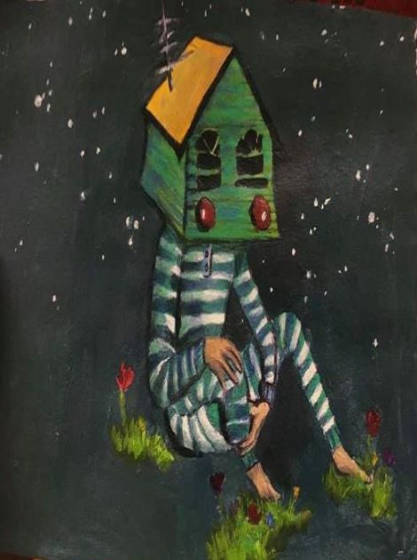 Painting of person in striped clothes with a house as a head