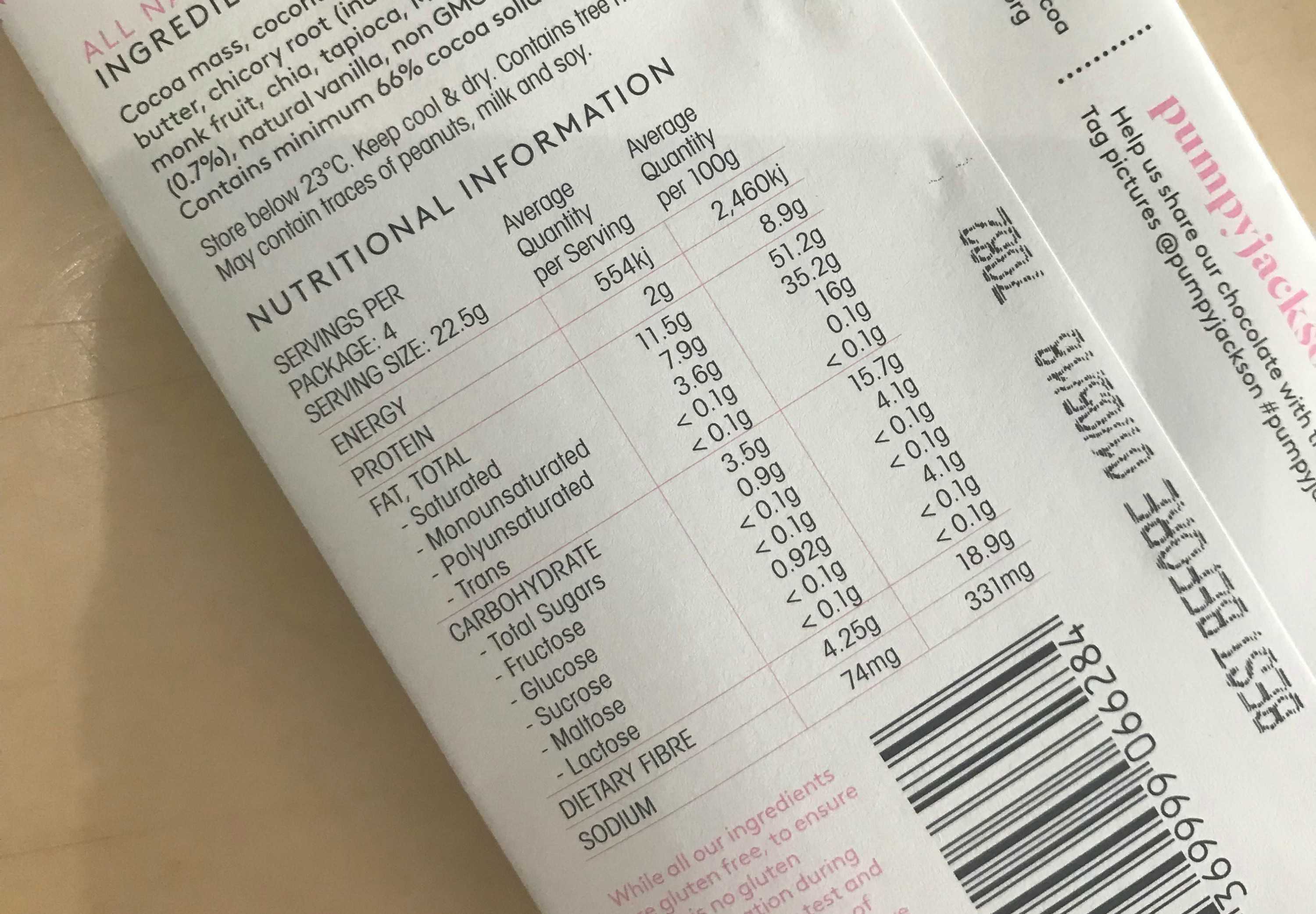 A food label on a block of chocolate displays the different types of sugar in the product.