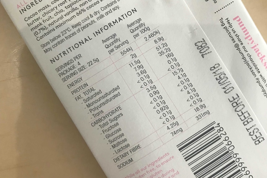 A food label on a block of chocolate displays the different types of sugar in the product.