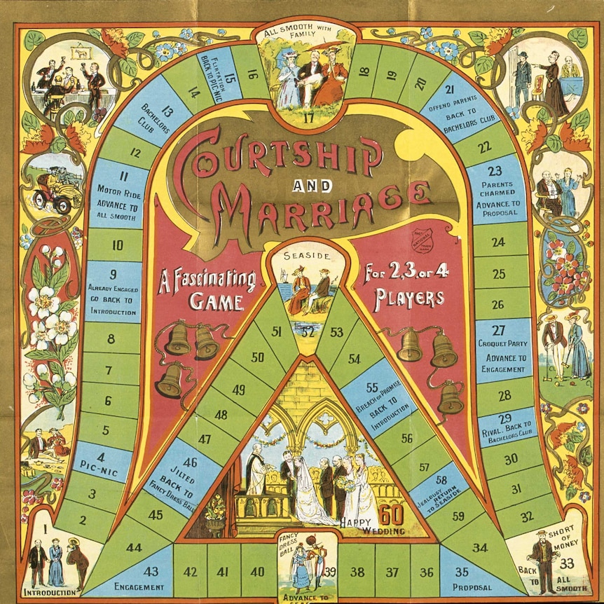 The Courtship and Marriage board game with numbered blocks and wedding illustrations.