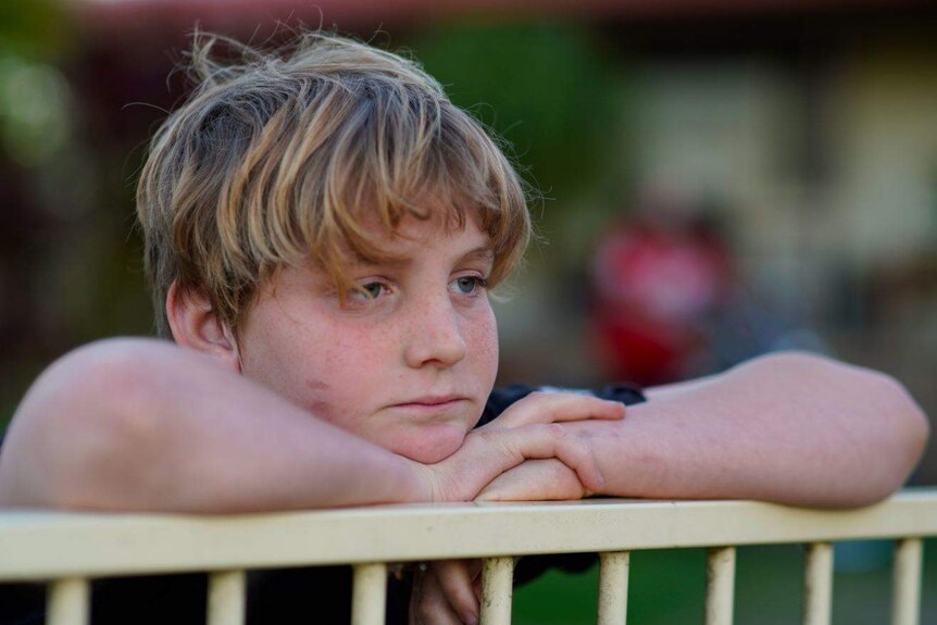 A young boy leans on a fence
