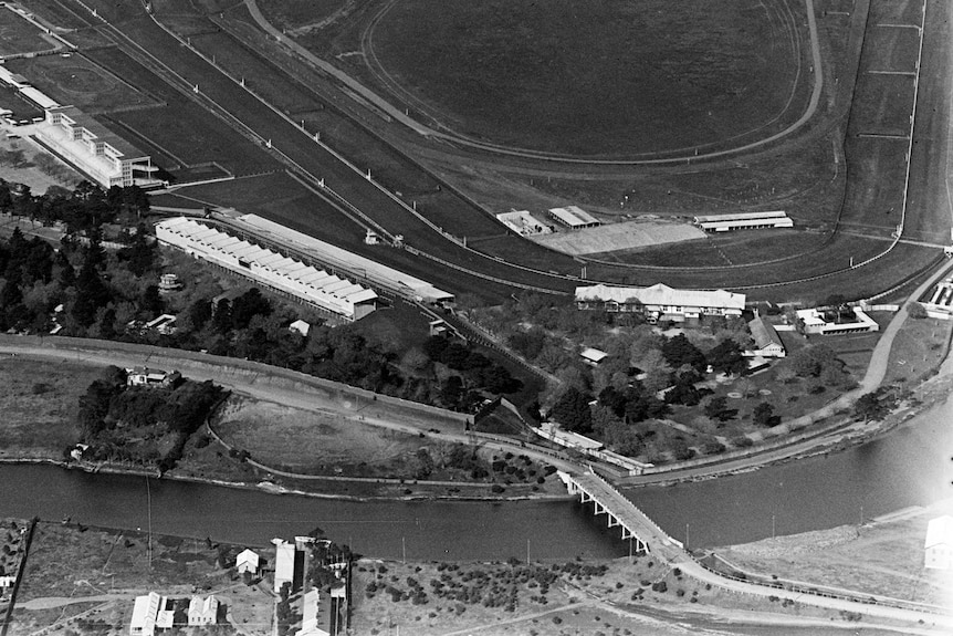 A black and white aerial photo of Flemington.