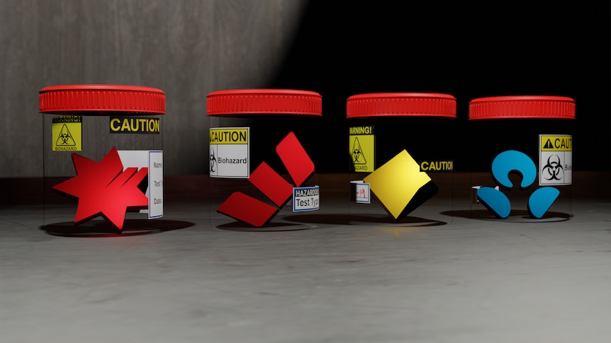 Logos of Westpac, CAB, NAB, and ANZ in biohazard jars.