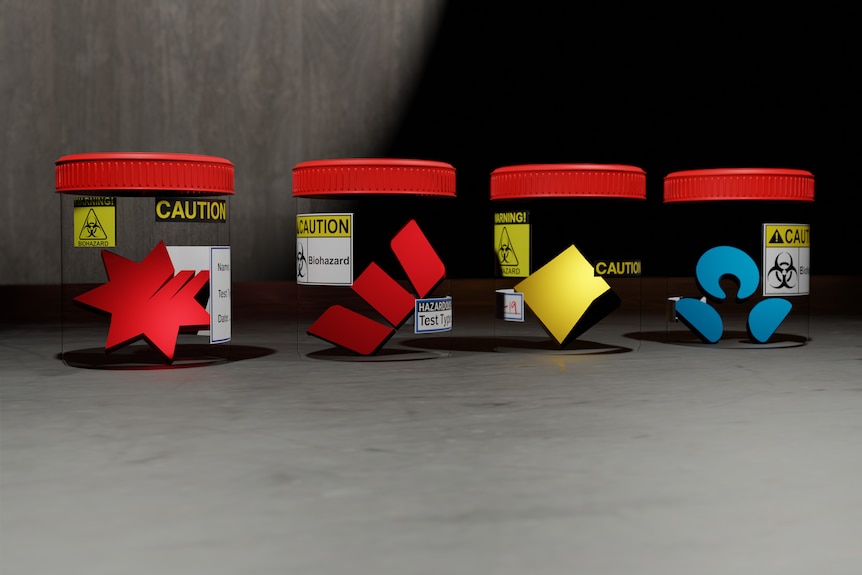 Logos of Westpac, CAB, NAB, and ANZ in biohazard jars.