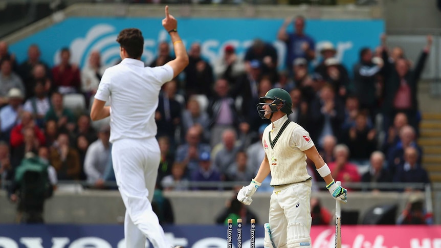 Michael Clarke looks dejected at getting out to England's Steven Finn at Edgbaston.