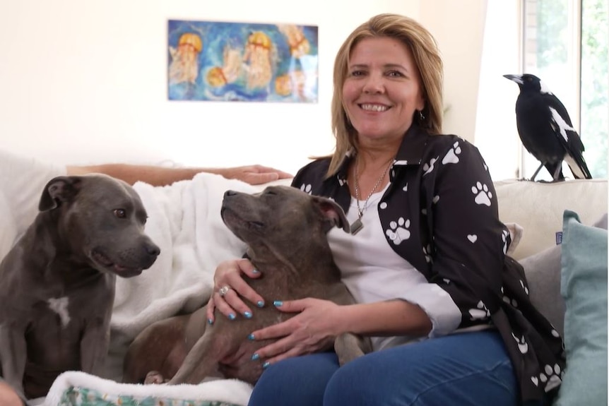 A woman sits with two dogs and a magpie