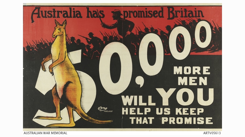 Recruitment poster depicts kangaroo in front of silhouette of soldiers