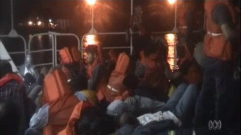 A still from video footage of asylum seekers being handed over to Indonesian authorities off the coast of Java.