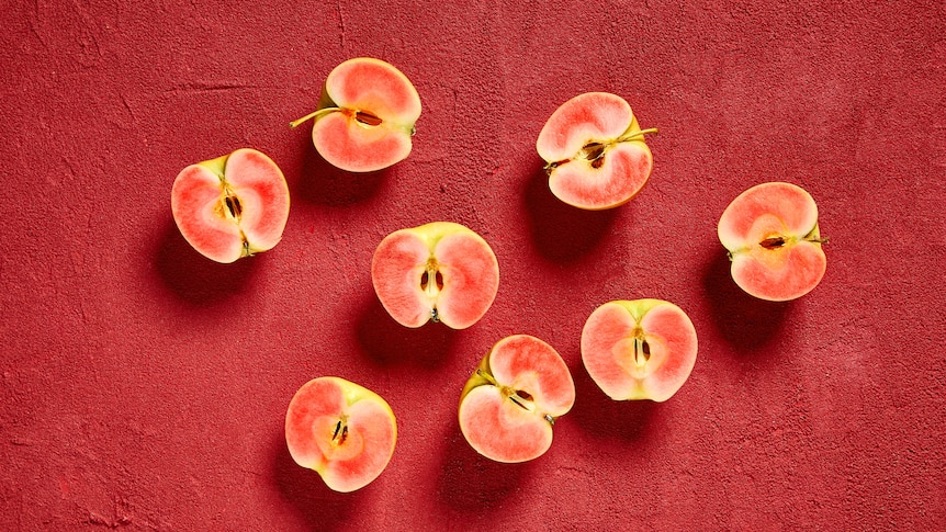 Several red and white fleshed apples cut in half against a red background 