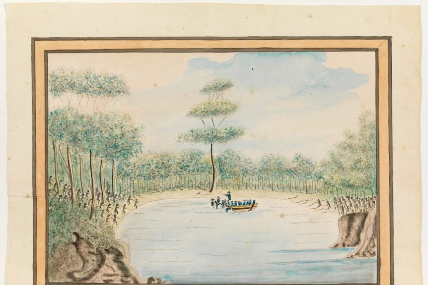 Historical drawing of British troops firing at aboriginal people