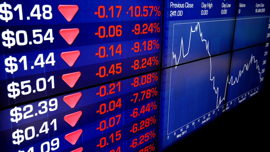 An electronic display shows data at the Australian Stock Exchange